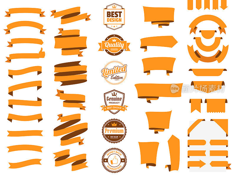 Set of Orange Ribbons, Banners, badges, Labels - Design Elements on white background
